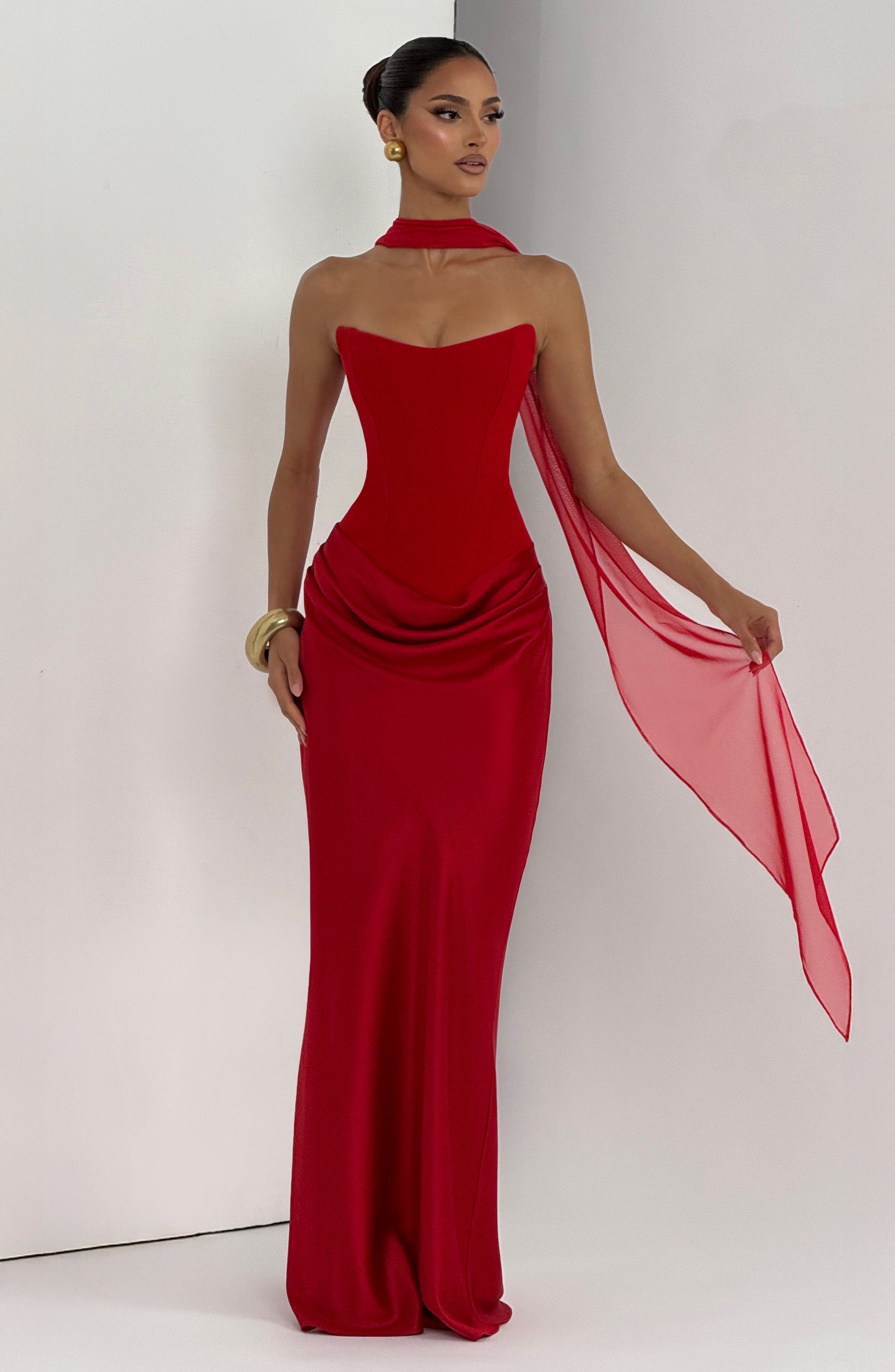 Women's Strapless Maxi Dress with Neck Tie Detail and Draped Skirt - 10