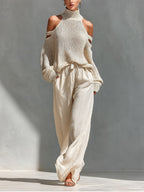 Women's Cold Shoulder Knit Top and Wide Leg Trouser Set - Beige