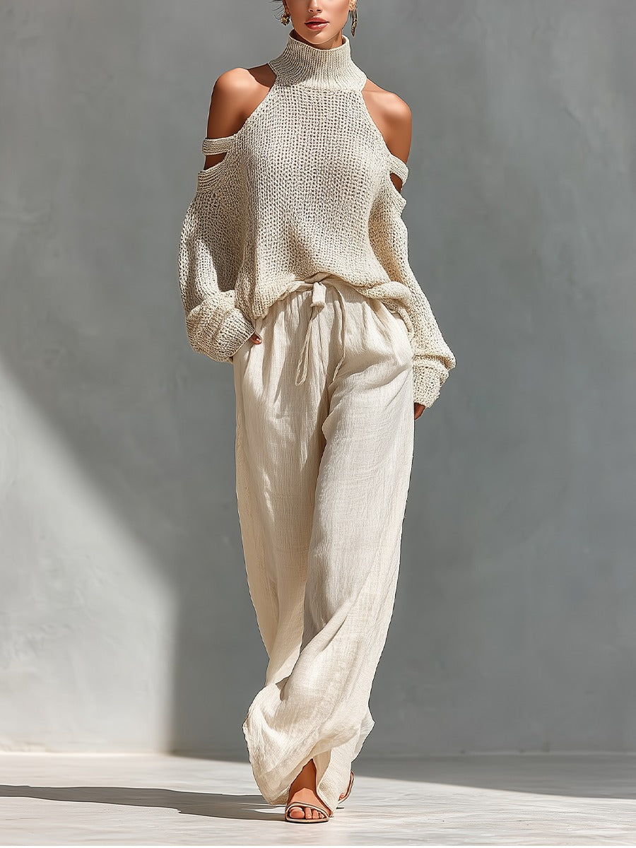 Women's Cold Shoulder Knit Top and Wide Leg Trouser Set - Beige