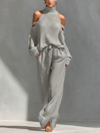 Women's Cold Shoulder Knit Top and Wide Leg Trouser Set - Gray