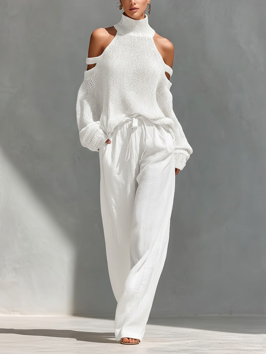 Women's Cold Shoulder Knit Top and Wide Leg Trouser Set - White