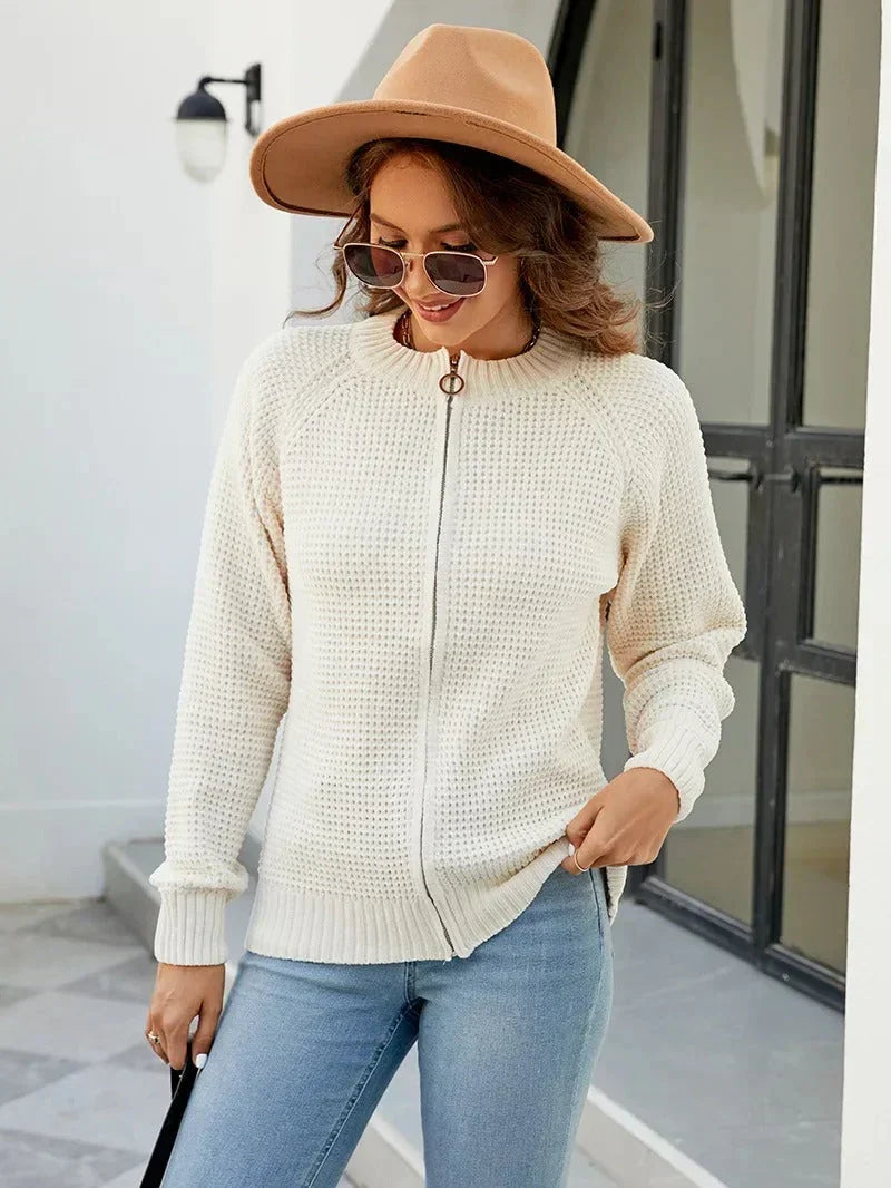 Women's Zip-Up Cardigan with Long Sleeves and Round Neck - Ivory