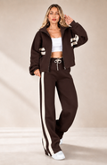 Women's Striped Co-Ord Set with Zip Jacket and Wide-Leg Trousers - Brown