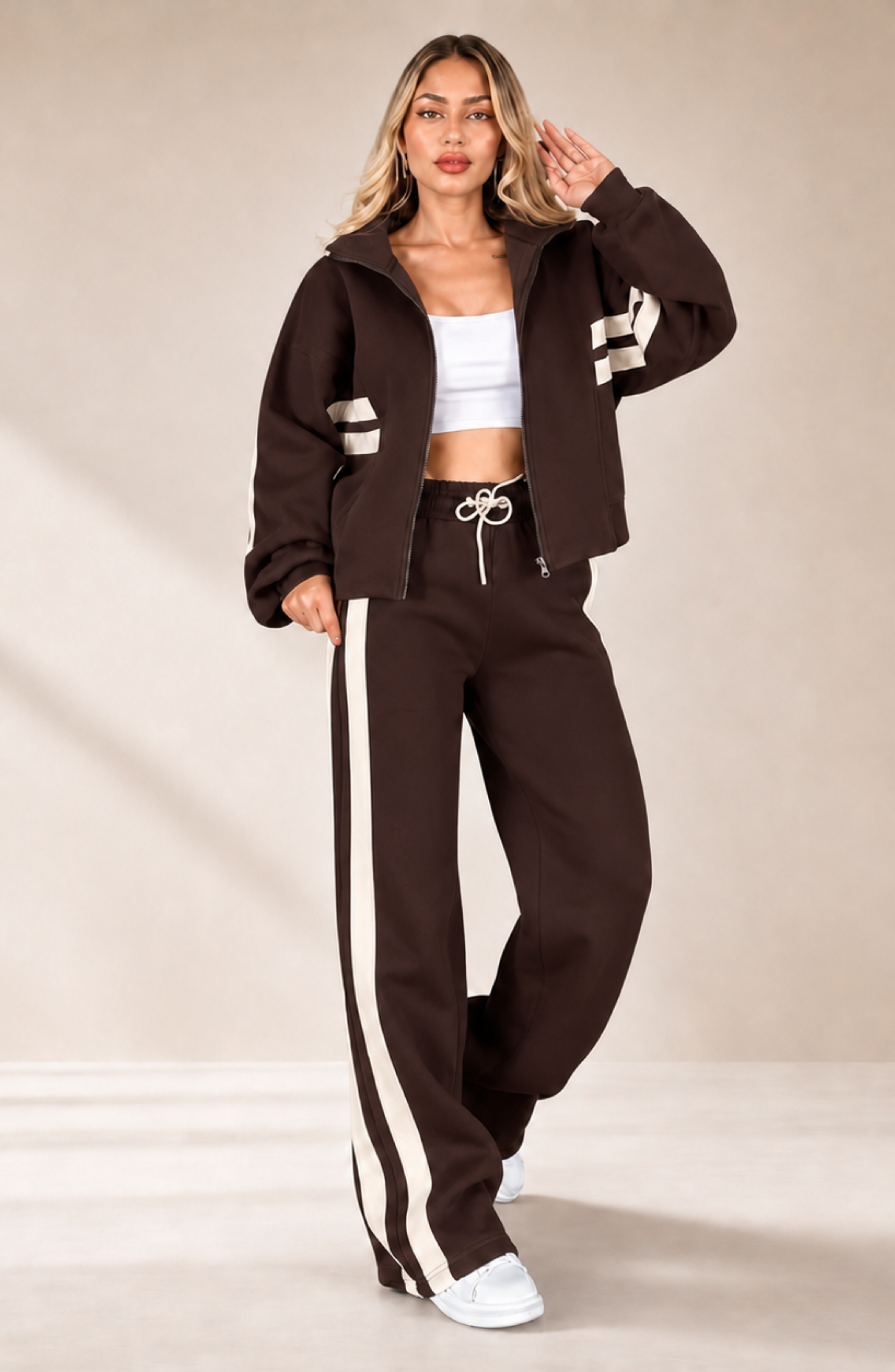 Women's Striped Co-Ord Set with Zip Jacket and Wide-Leg Trousers - Brown