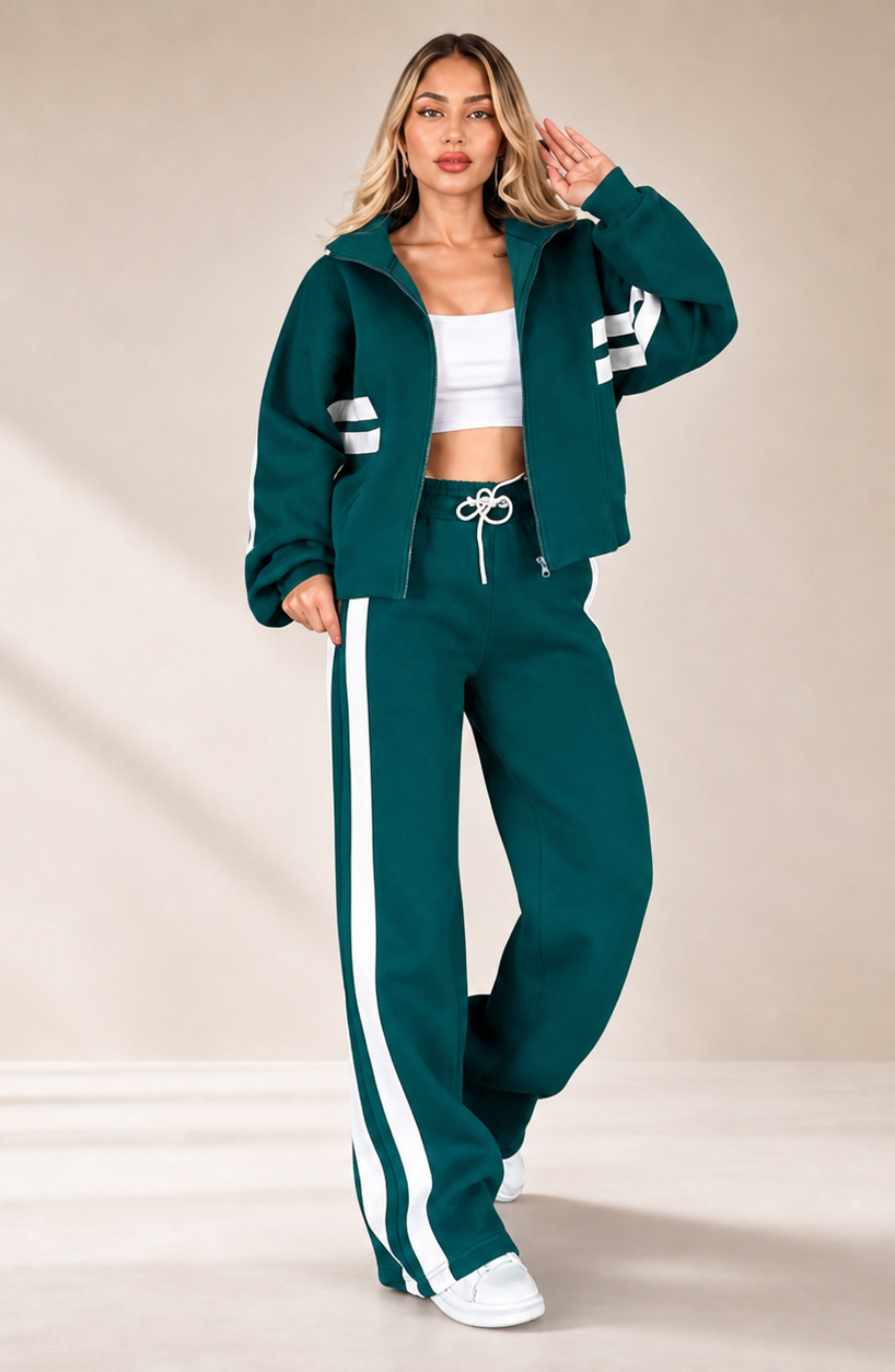 Women's Striped Co-Ord Set with Zip Jacket and Wide-Leg Trousers - Green