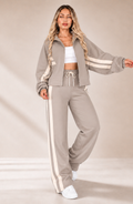 Women's Striped Co-Ord Set with Zip Jacket and Wide-Leg Trousers - Gray