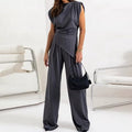Women's Two Piece Set Sleeveless with Asymmetric Draping - Dark Grey