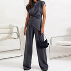 Women's Two Piece Set Sleeveless with Asymmetric Draping - Dark Grey