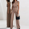 Women's Two Piece Set Sleeveless with Asymmetric Draping - Khaki