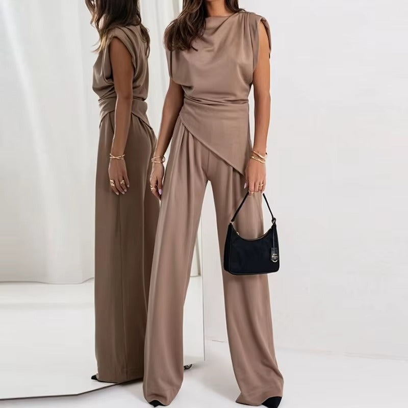 Women's Two Piece Set Sleeveless with Asymmetric Draping - Khaki