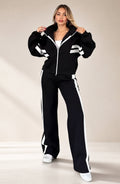 Women's Striped Co-Ord Set with Zip Jacket and Wide-Leg Trousers - Black