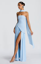 Women's Strapless Maxi Dress with High Slit and Neck Strap - 4