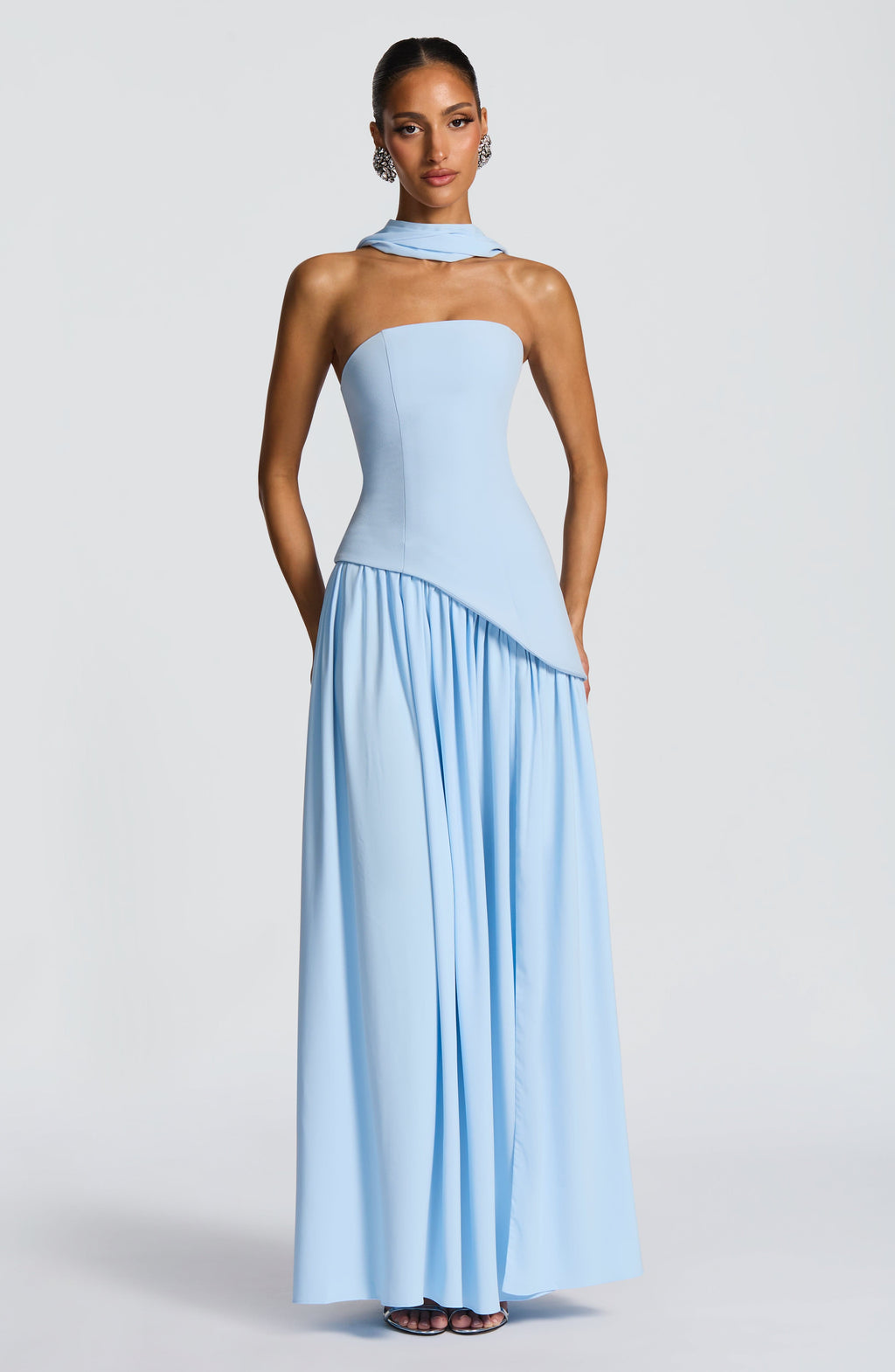 Women's Strapless Maxi Dress with High Slit and Neck Strap - 9
