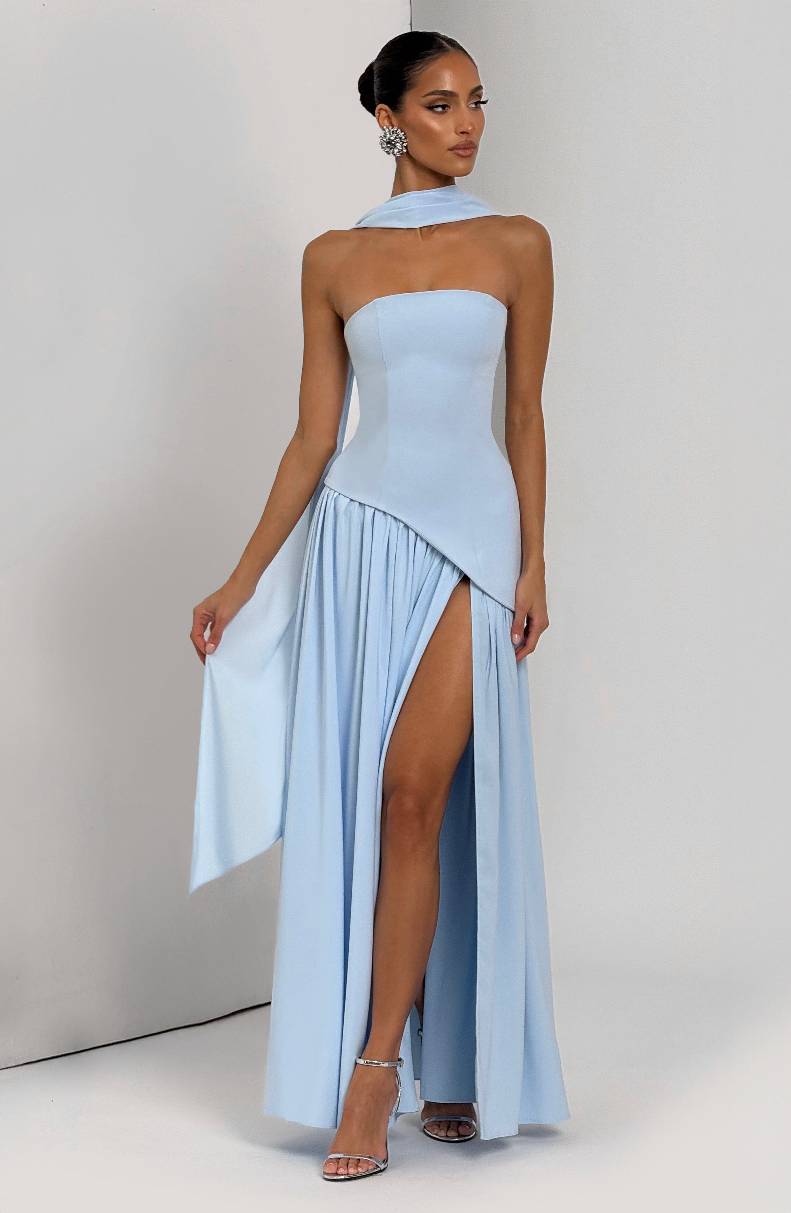 Women's Strapless Maxi Dress with High Slit and Neck Strap - 8