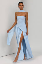 Women's Strapless Maxi Dress with High Slit and Neck Strap - 7