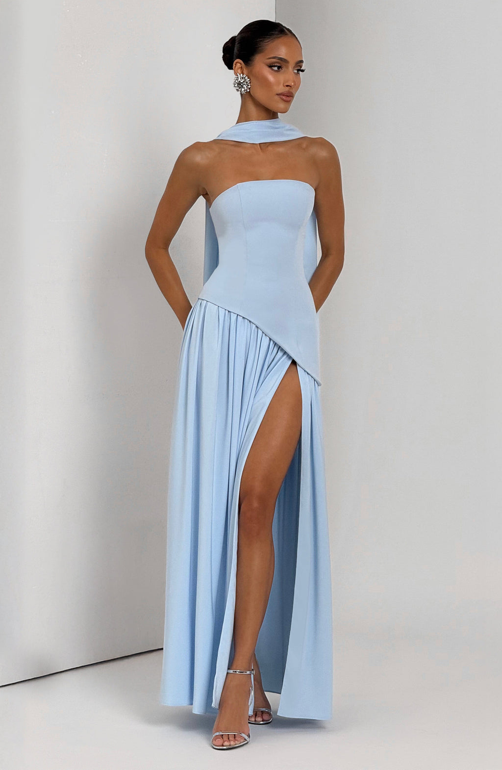 Women's Strapless Maxi Dress with High Slit and Neck Strap - 14
