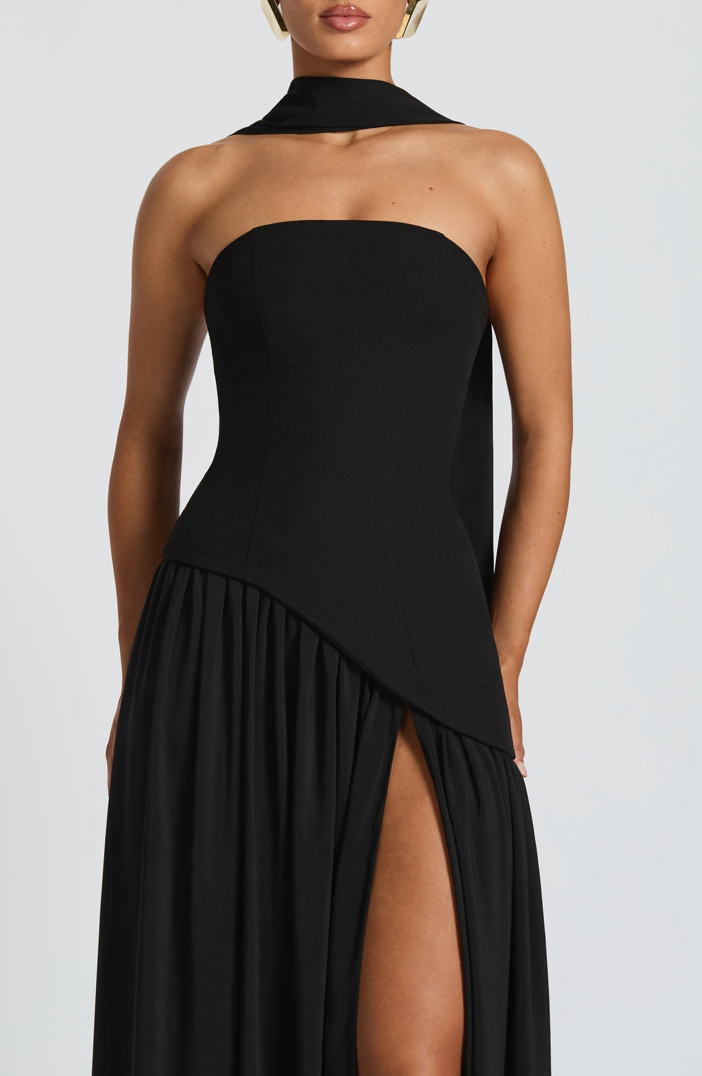 Women's Maxi Evening Gown Strapless with High Slit and Draped Cape Sleeve - 5