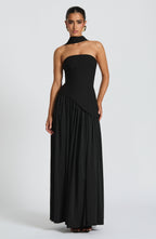 Women's Maxi Evening Gown Strapless with High Slit and Draped Cape Sleeve - 6