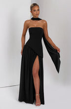 Women's Maxi Evening Gown Strapless with High Slit and Draped Cape Sleeve - 7