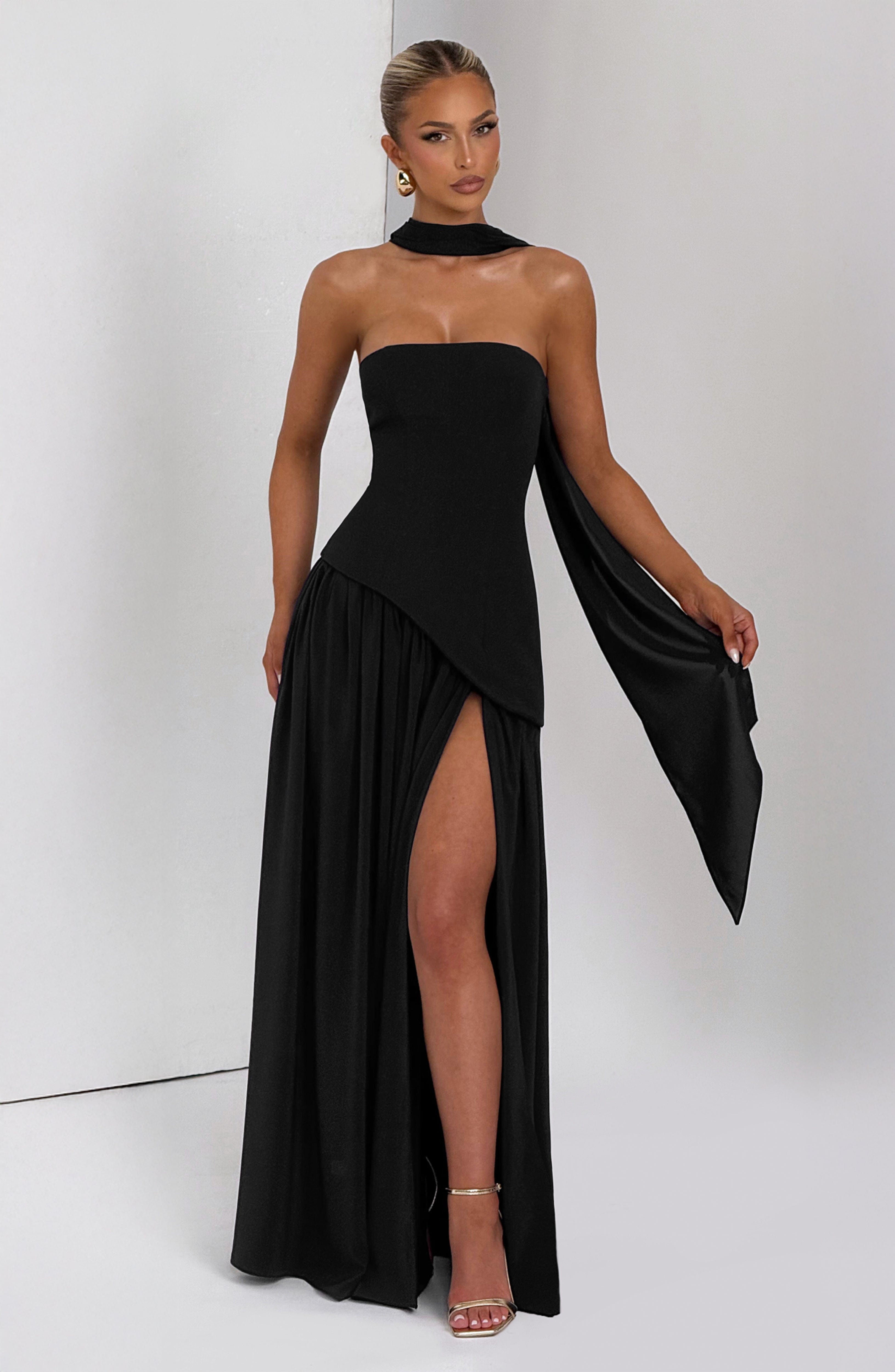 Women's Maxi Evening Gown Strapless with High Slit and Draped Cape Sleeve - 7