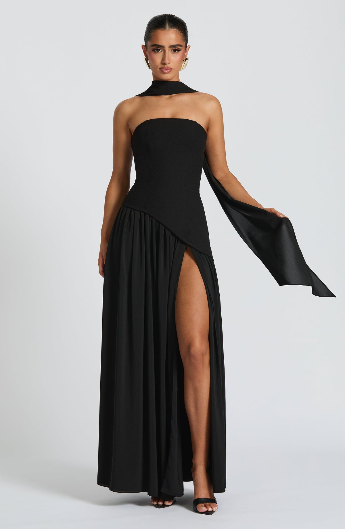 Women's Maxi Evening Gown Strapless with High Slit and Draped Cape Sleeve - 2