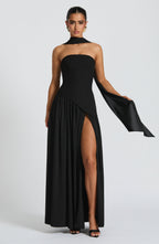 Women's Maxi Evening Gown Strapless with High Slit and Draped Cape Sleeve - 2