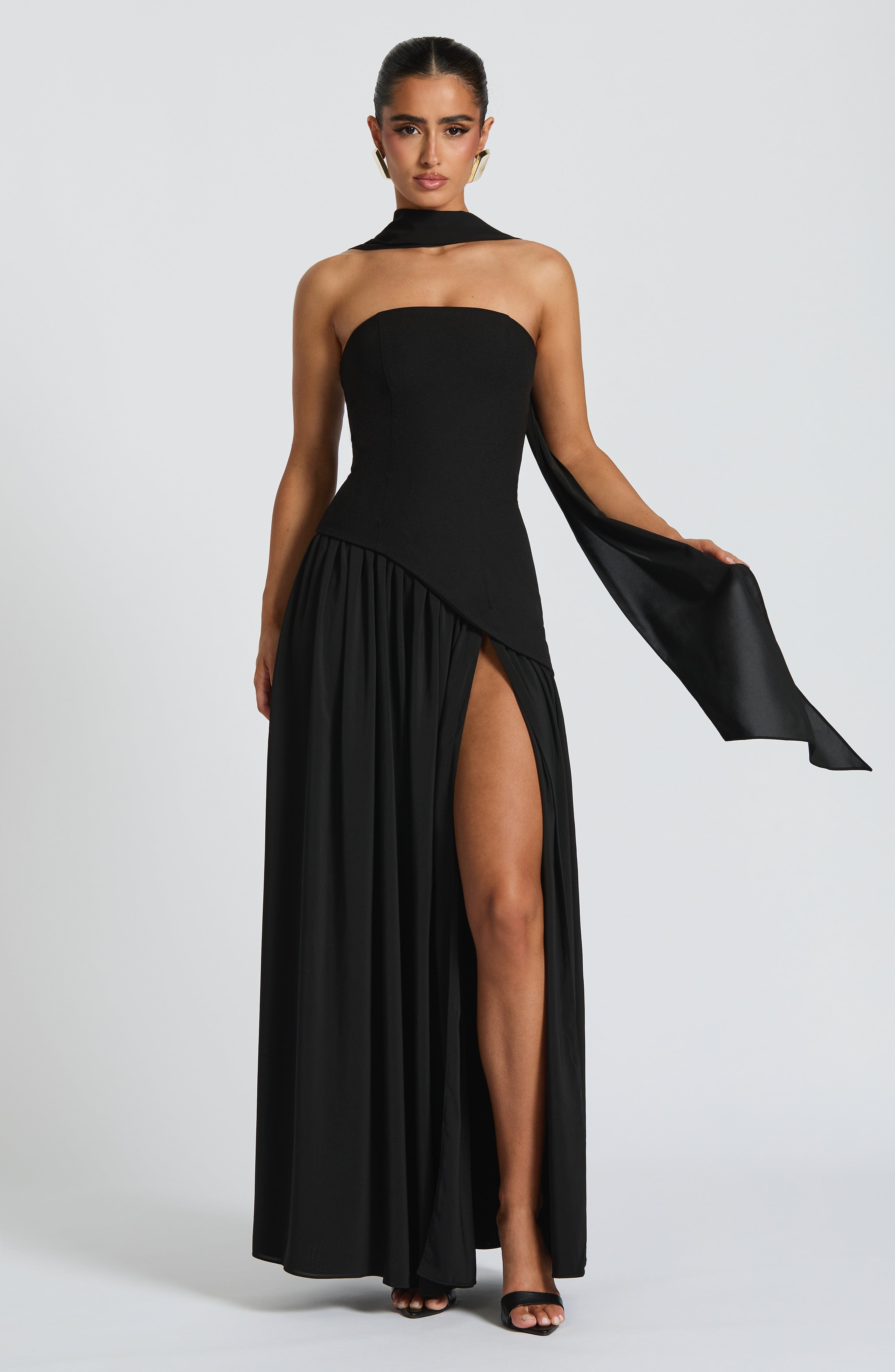 Women's Maxi Evening Gown Strapless with High Slit and Draped Cape Sleeve - 2
