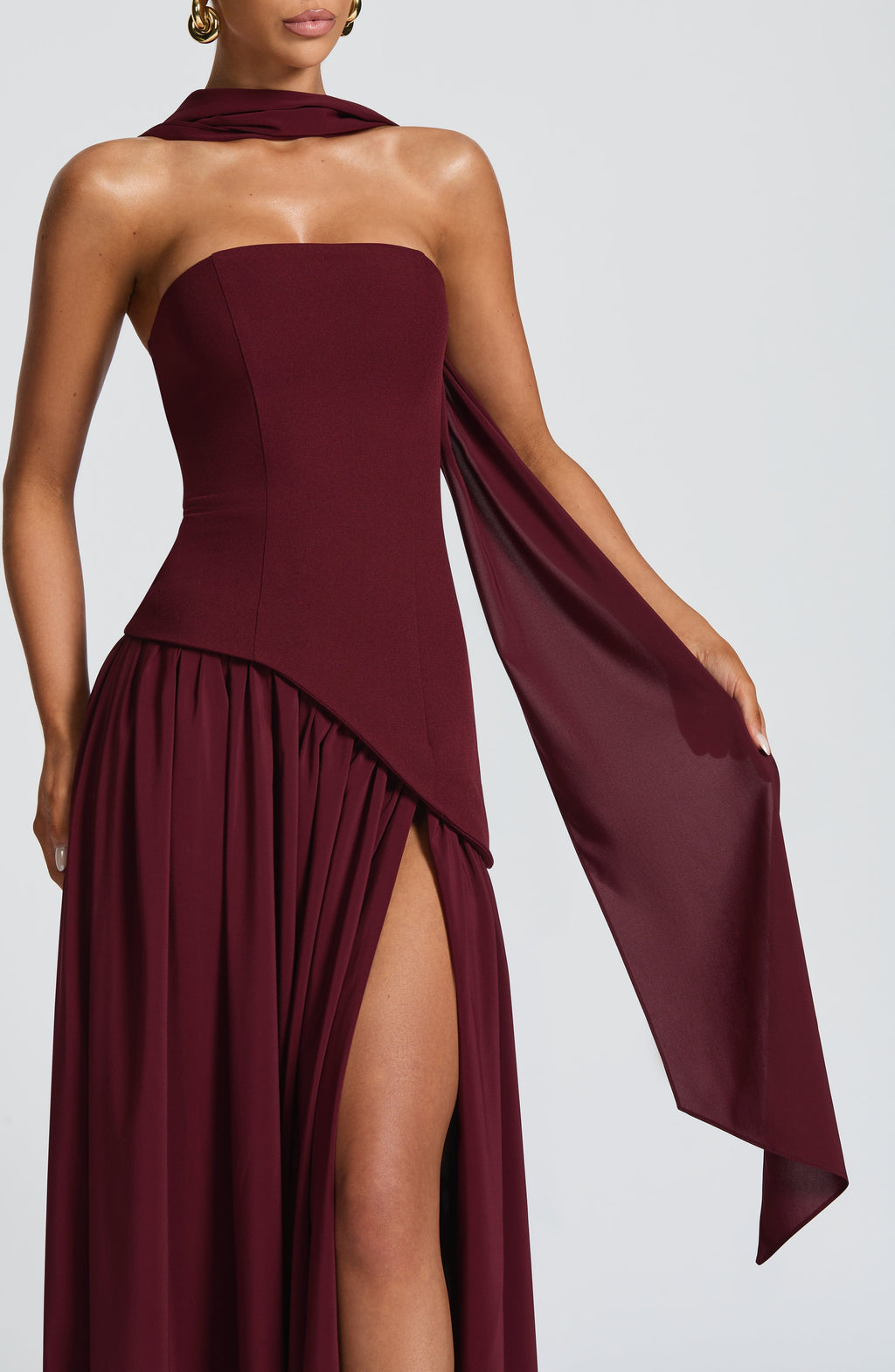 Women's Strapless Maxi Dress with Draped Shoulder Sash and A-Line Skirt - 7