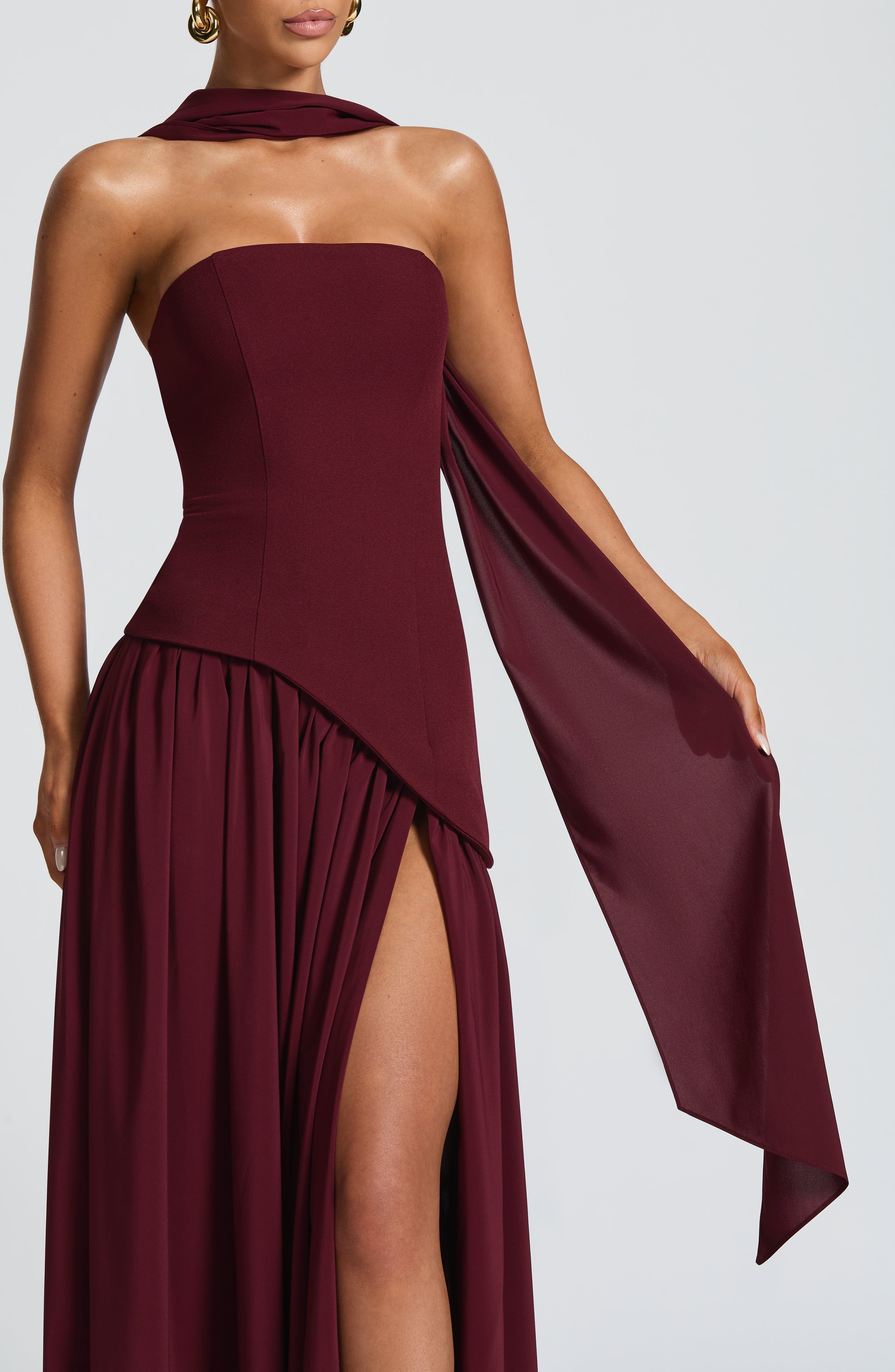Women's Strapless Maxi Dress with Draped Shoulder Sash and A-Line Skirt - 7