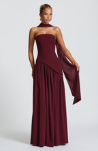 Women's Strapless Maxi Dress with Draped Shoulder Sash and A-Line Skirt - 2