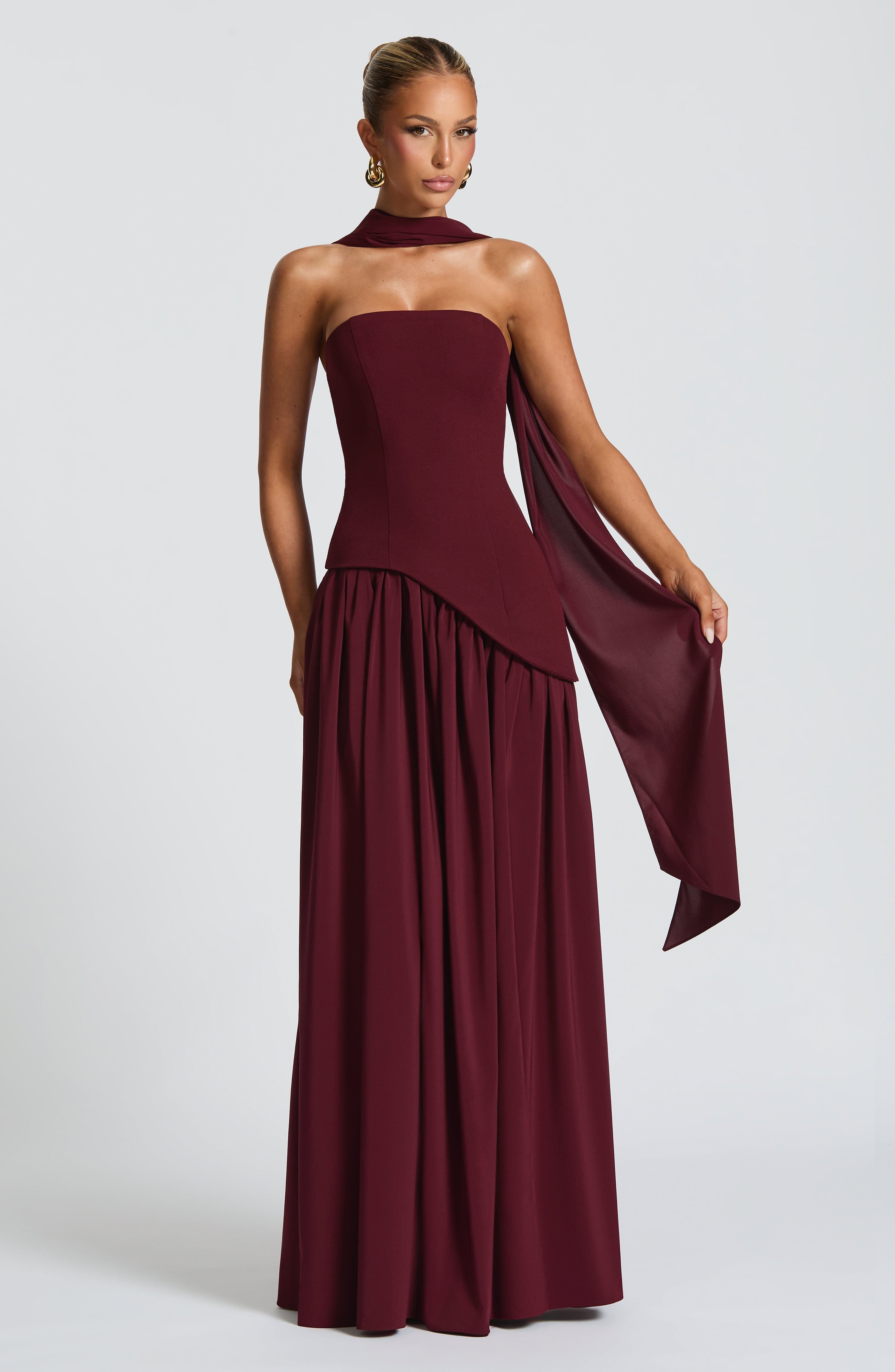 Women's Strapless Maxi Dress with Draped Shoulder Sash and A-Line Skirt - 2