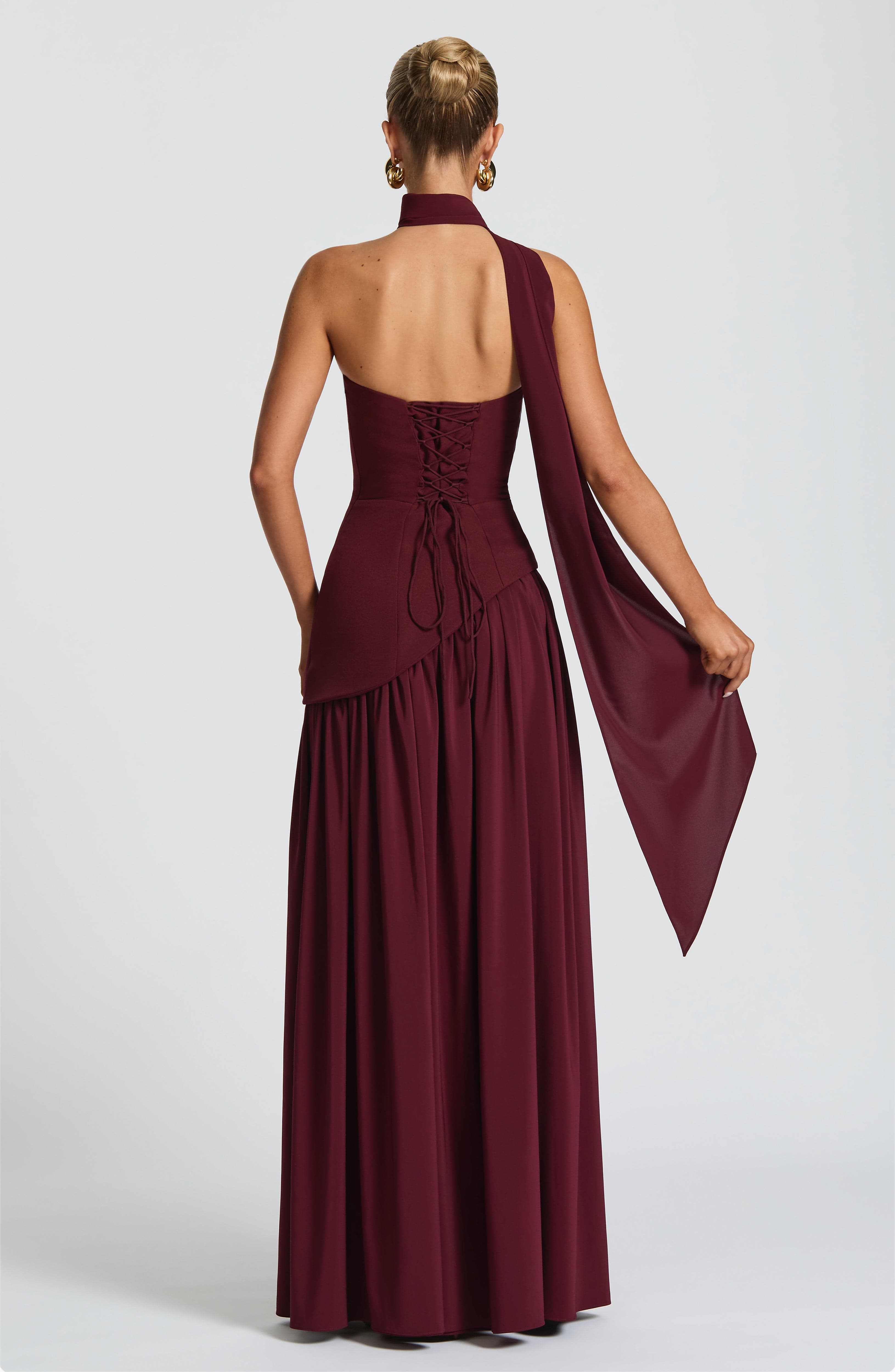 Women's Strapless Maxi Dress with Draped Shoulder Sash and A-Line Skirt - 5