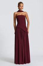 Women's Strapless Maxi Dress with Draped Shoulder Sash and A-Line Skirt - 8