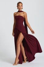 Women's Strapless Maxi Dress with Draped Shoulder Sash and A-Line Skirt - 3