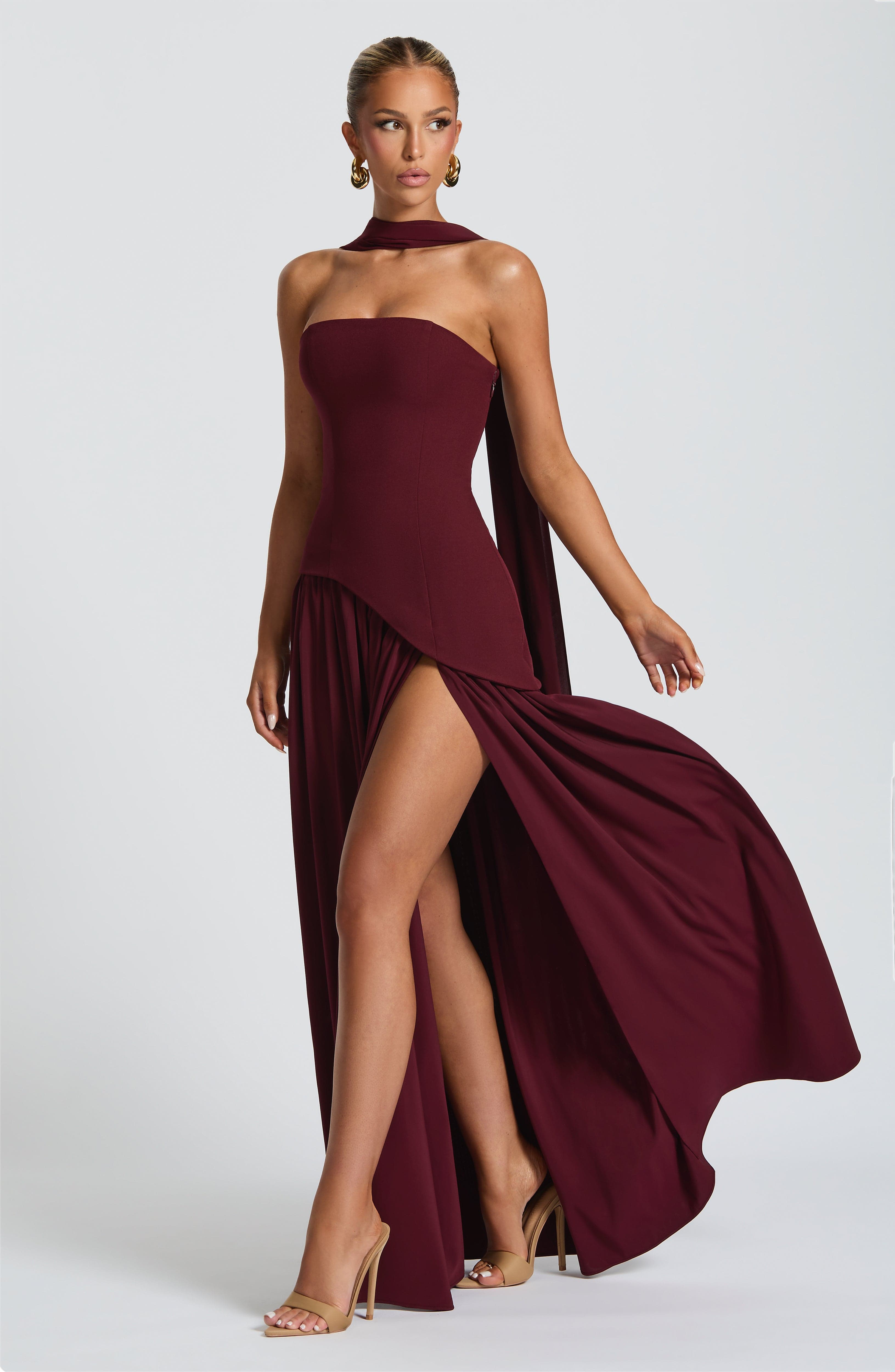 Women's Strapless Maxi Dress with Draped Shoulder Sash and A-Line Skirt - 3