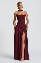 Women's Strapless Maxi Dress with Draped Shoulder Sash and A-Line Skirt - 6