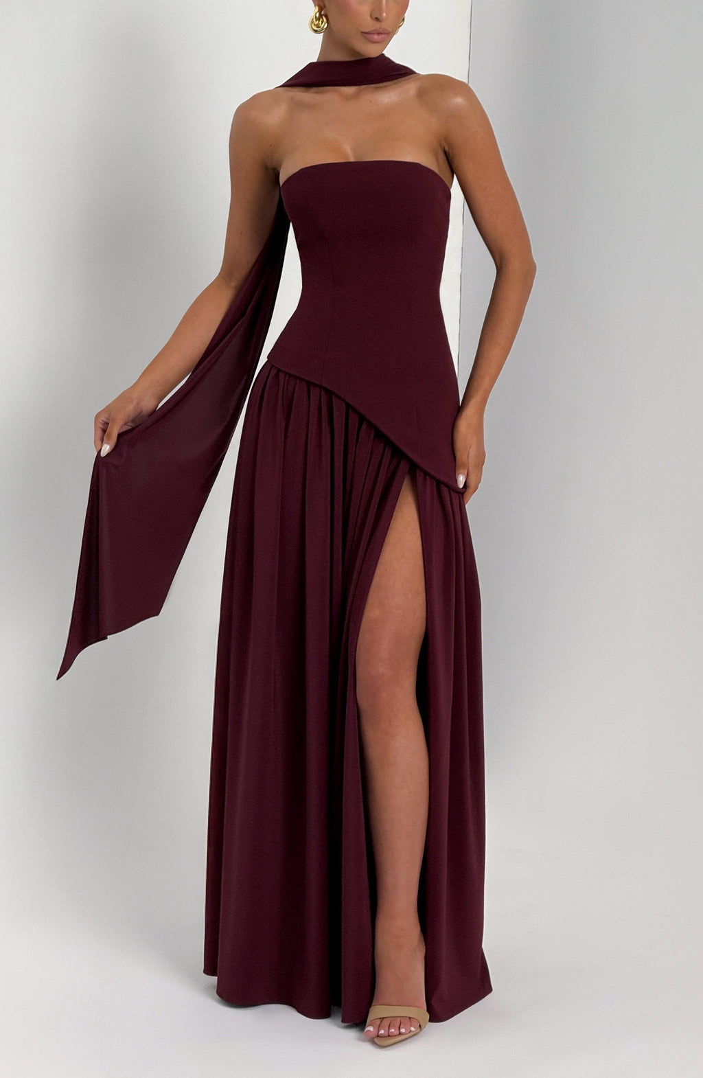 Women's Strapless Maxi Dress with Draped Shoulder Sash and A-Line Skirt - 4