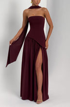 Women's Strapless Maxi Dress with Draped Shoulder Sash and A-Line Skirt - 4