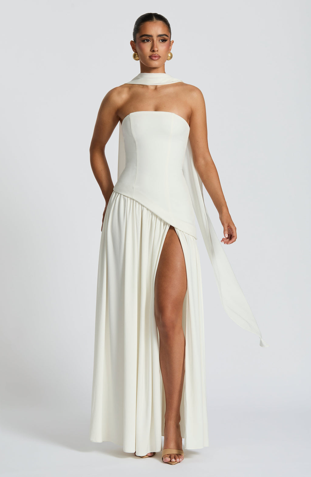 Women's Strapless Maxi Dress with One Shoulder Drape and Thigh Slit - 10