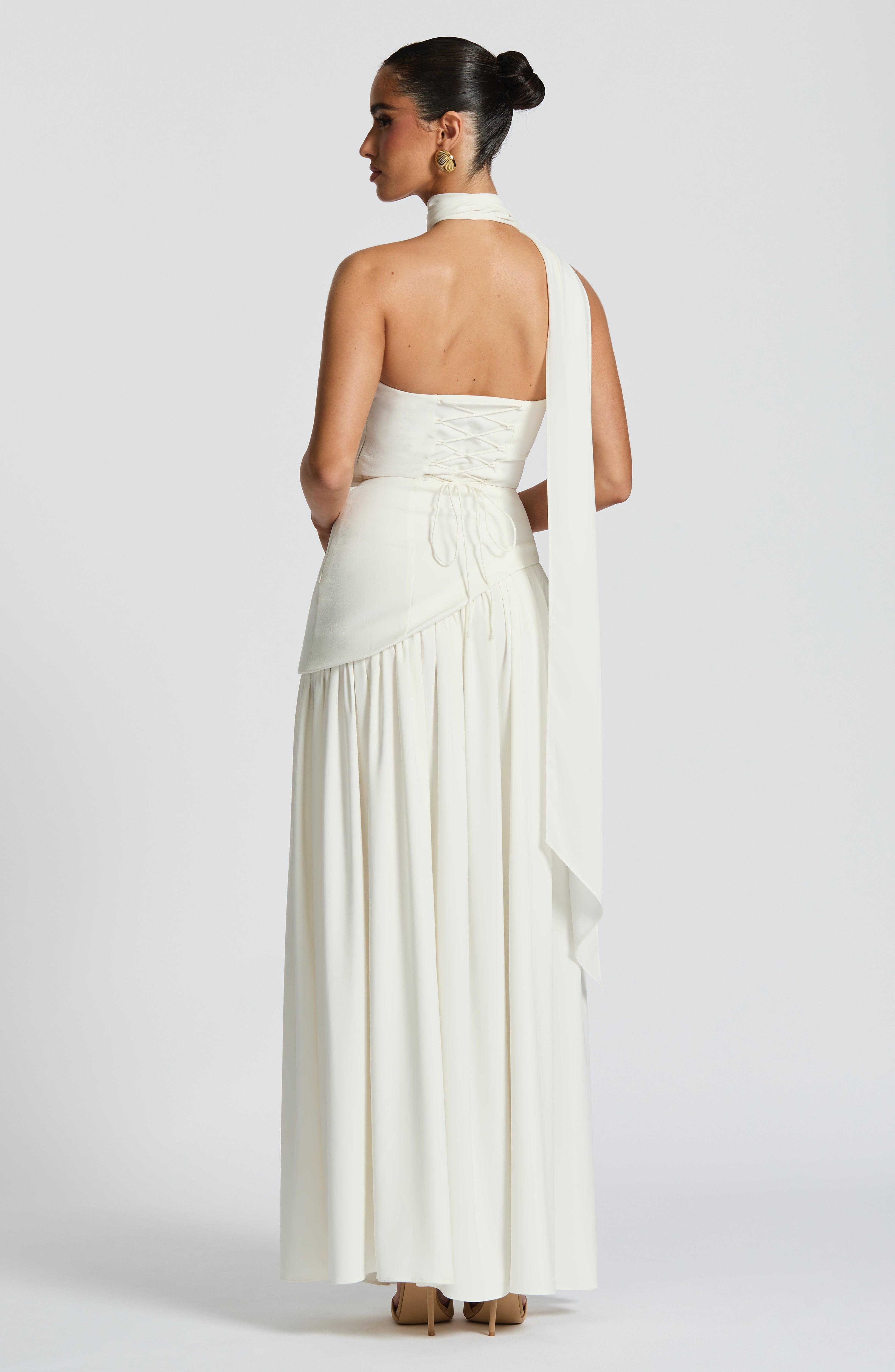 Women's Strapless Maxi Dress with One Shoulder Drape and Thigh Slit - 3