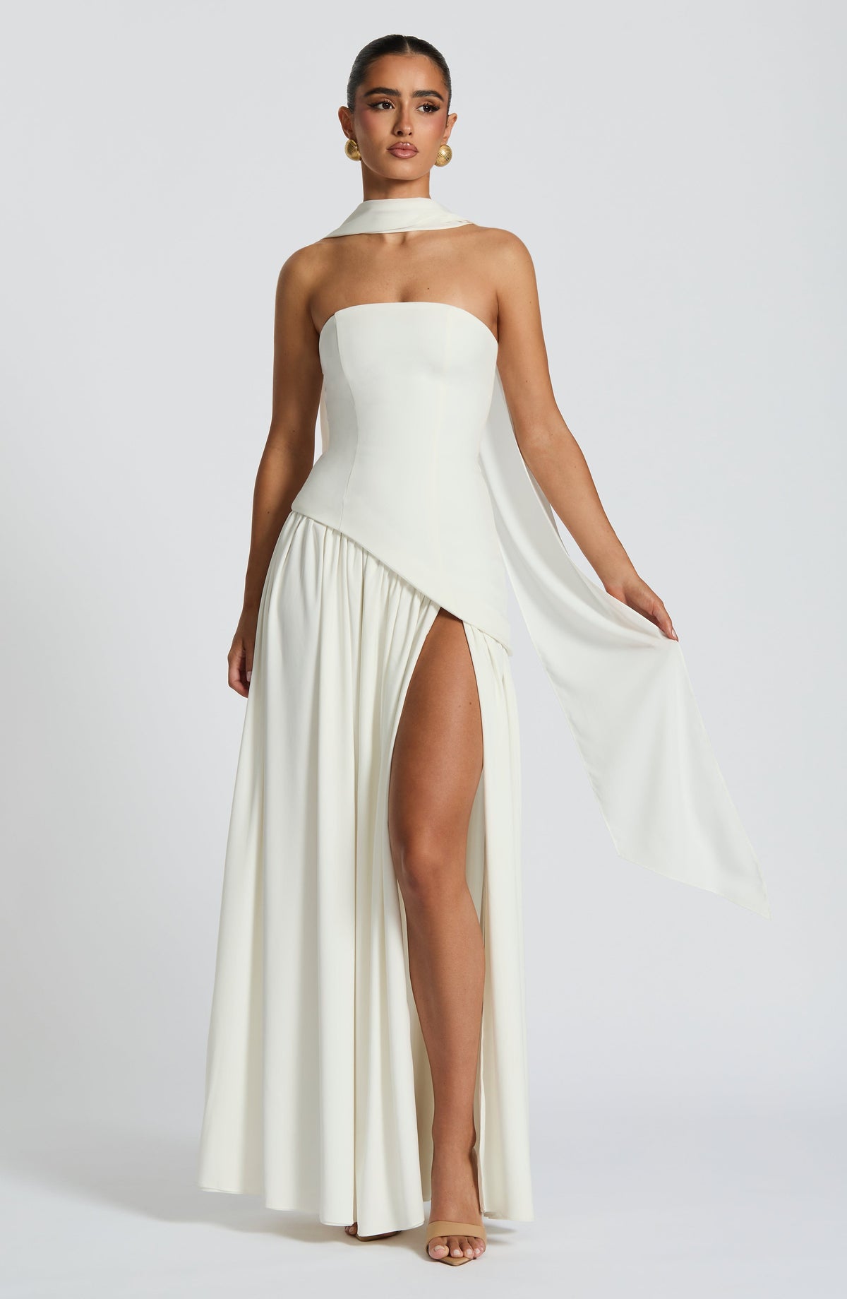Women's Strapless Maxi Dress with One Shoulder Drape and Thigh Slit - 2