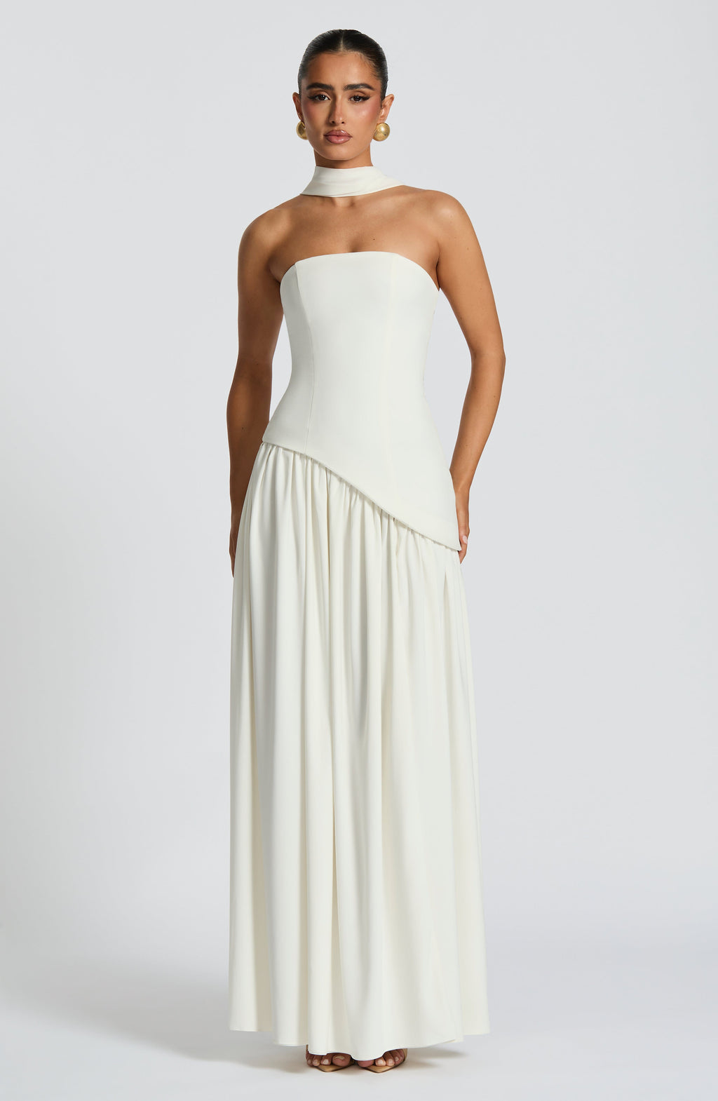 Women's Strapless Maxi Dress with One Shoulder Drape and Thigh Slit - 6