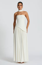 Women's Strapless Maxi Dress with One Shoulder Drape and Thigh Slit - 6