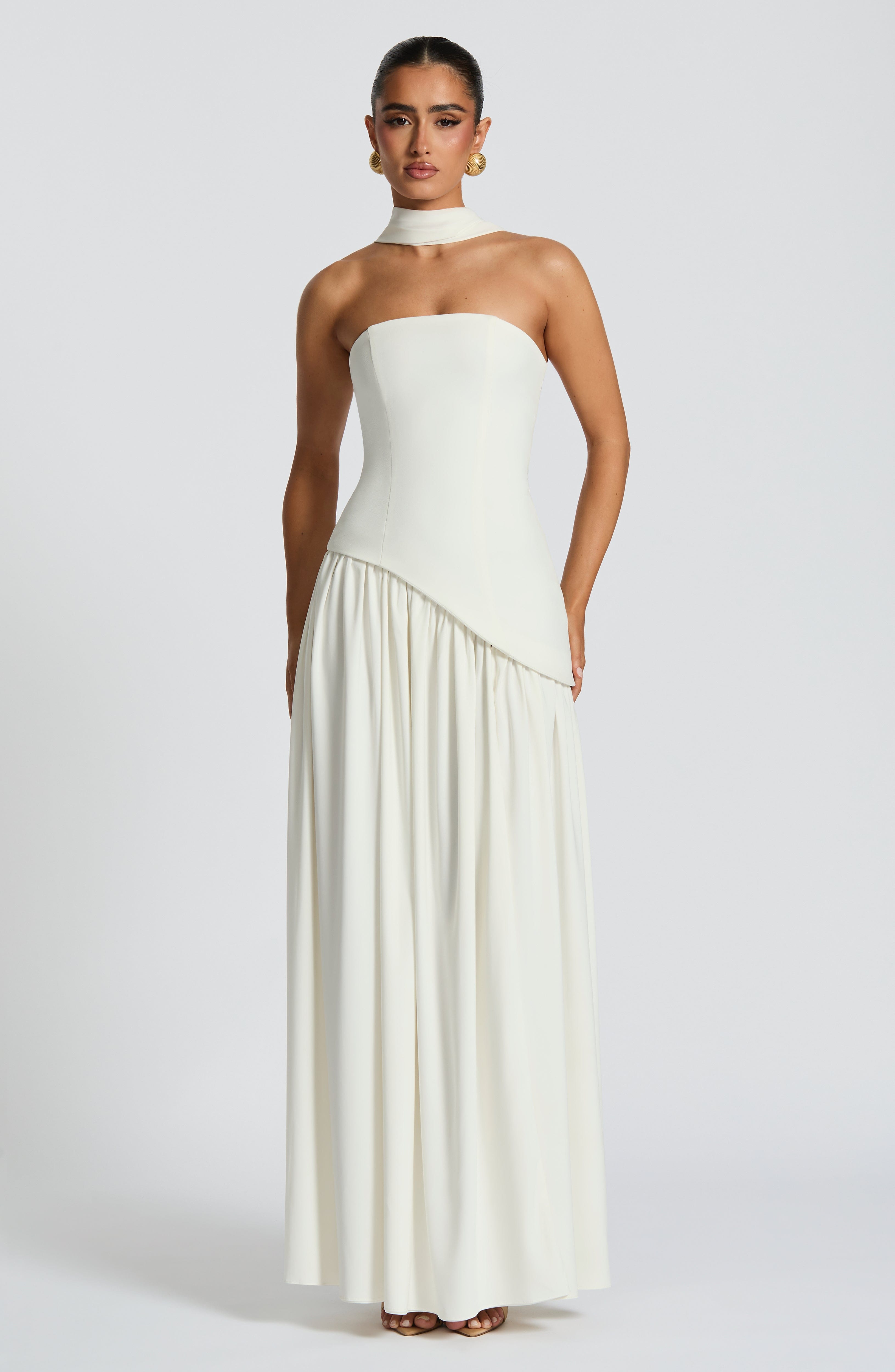 Women's Strapless Maxi Dress with One Shoulder Drape and Thigh Slit - 6