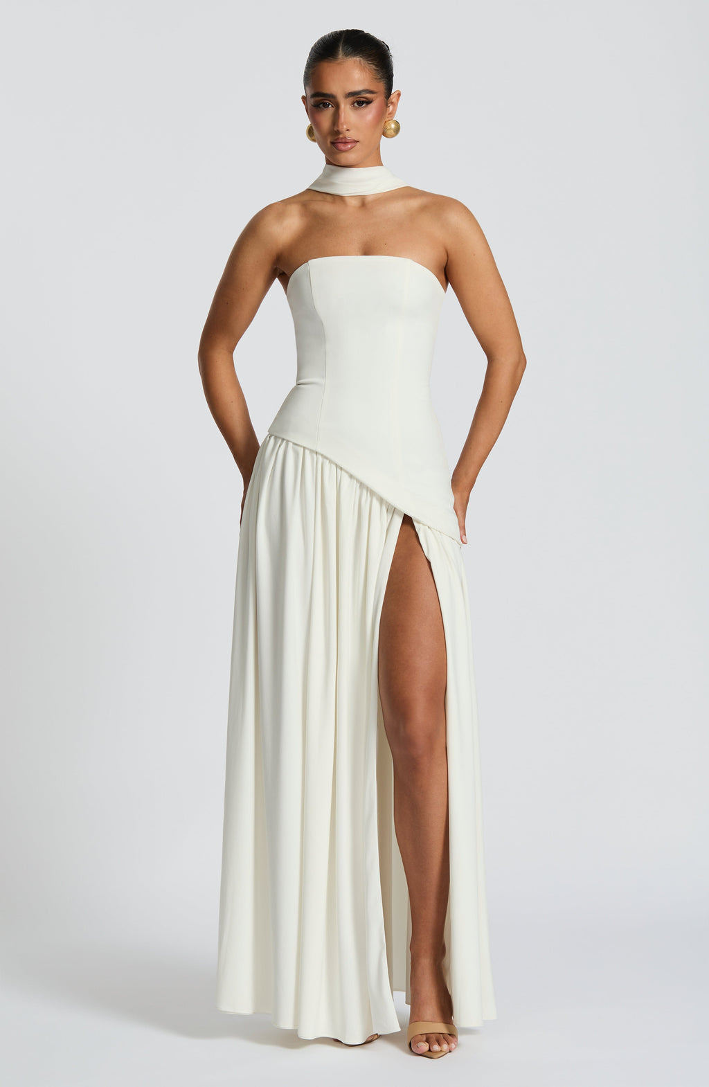 Women's Strapless Maxi Dress with One Shoulder Drape and Thigh Slit - 9