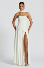 Women's Strapless Maxi Dress with One Shoulder Drape and Thigh Slit - 9