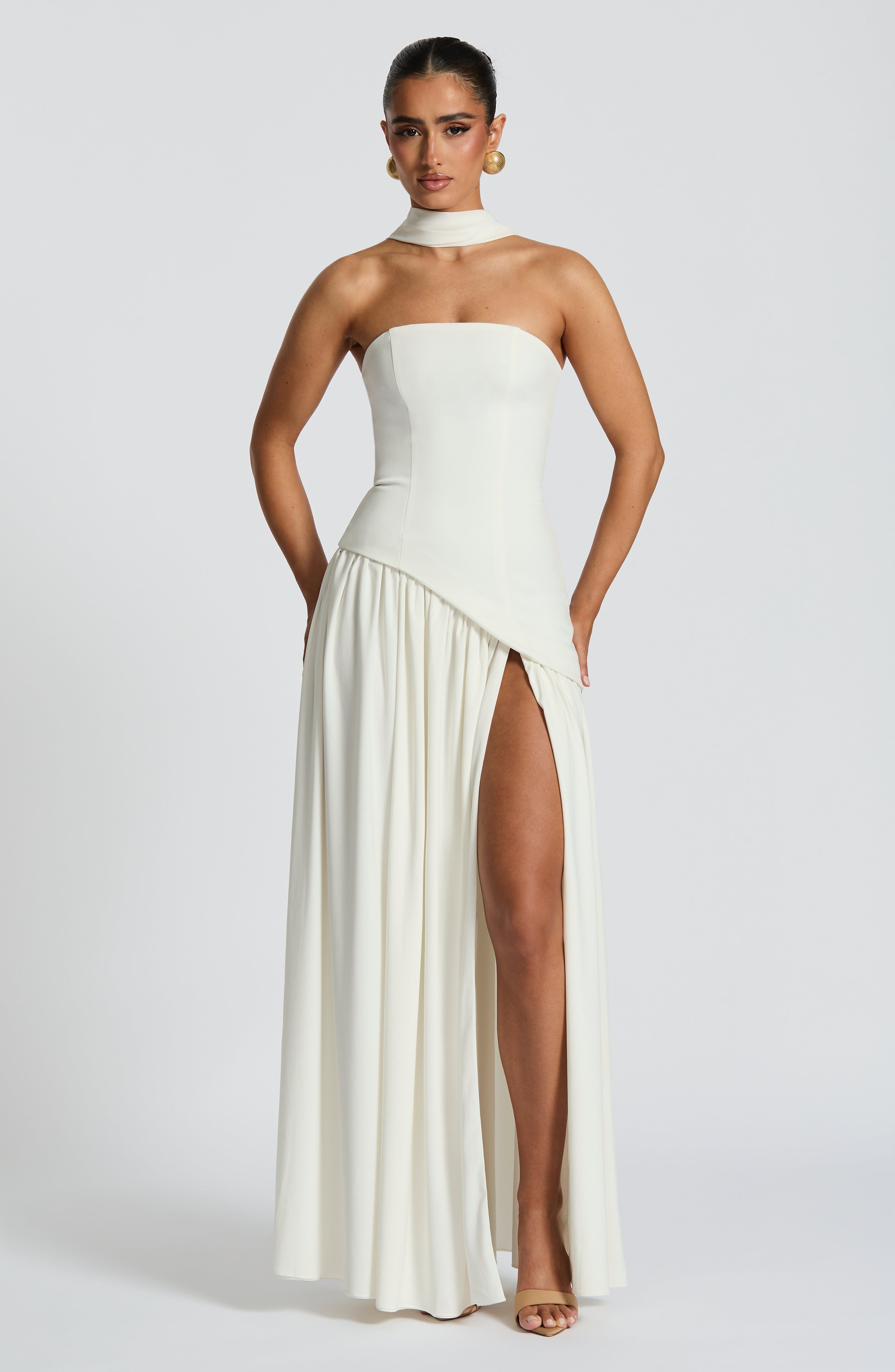Women's Strapless Maxi Dress with One Shoulder Drape and Thigh Slit - 9