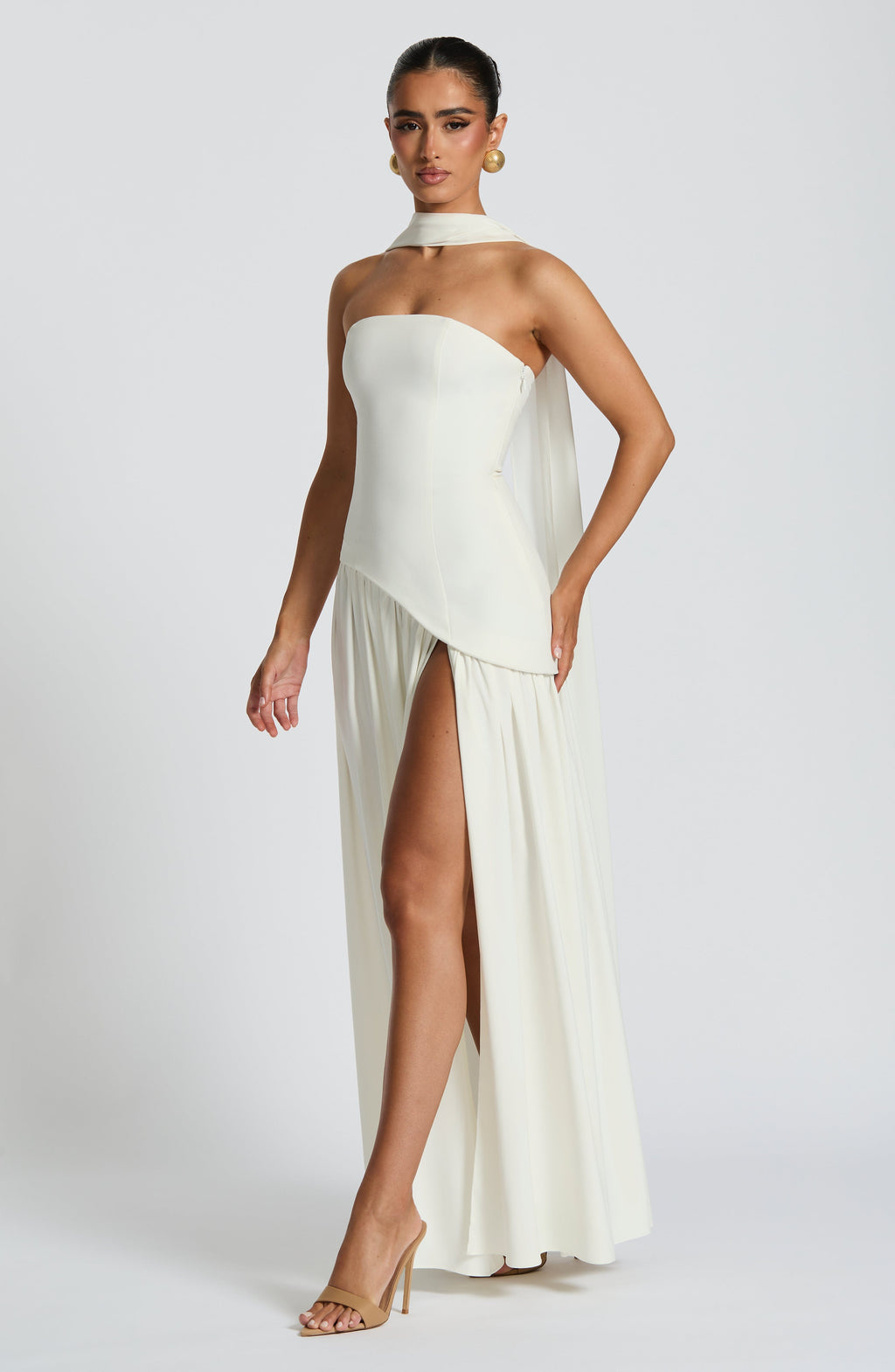Women's Strapless Maxi Dress with One Shoulder Drape and Thigh Slit - 7
