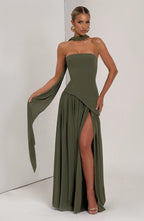 Women's Maxi Dress Strapless with Draped Sleeve and Front Slit - 7