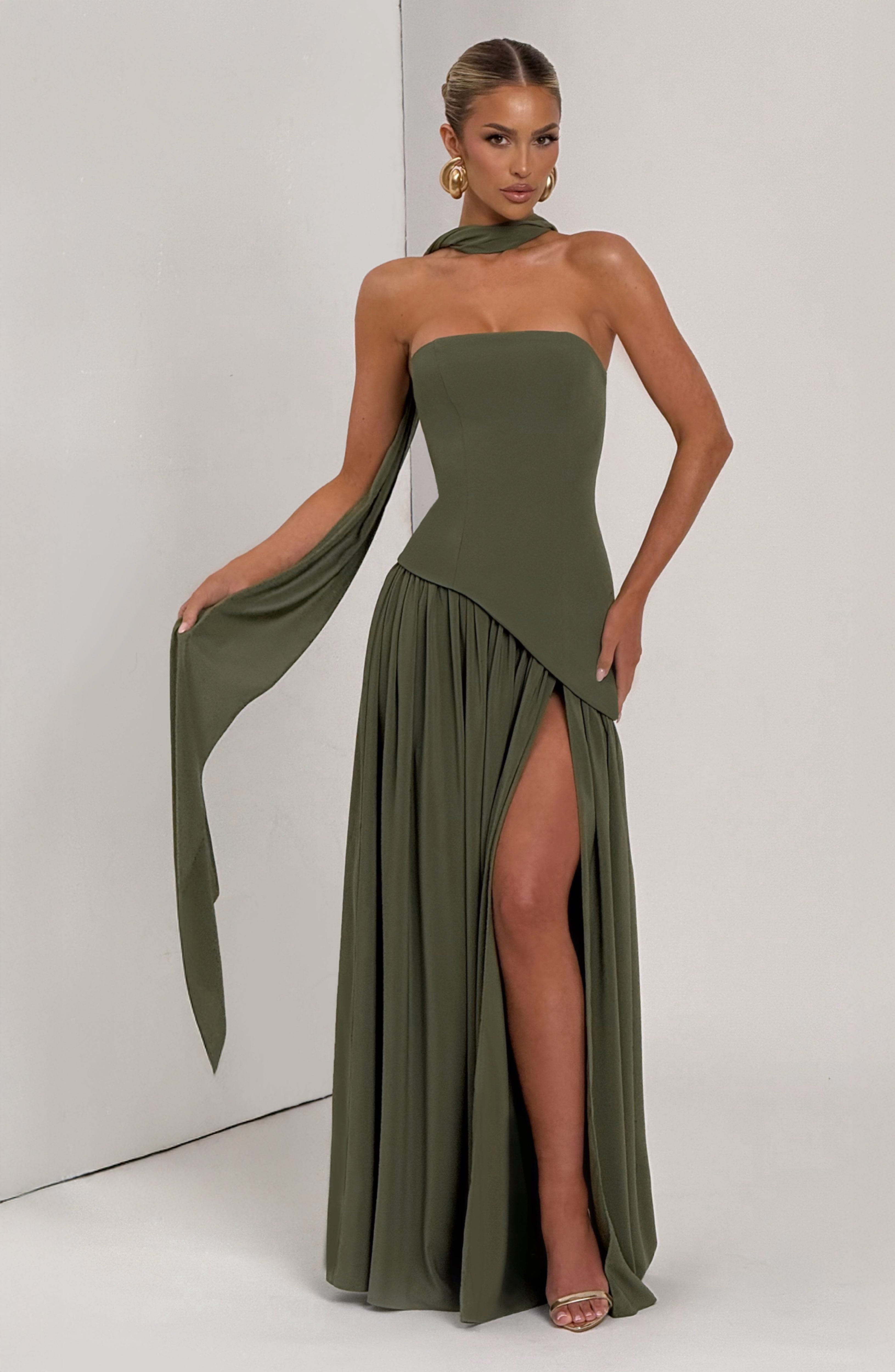 Women's Maxi Dress Strapless with Draped Sleeve and Front Slit - 7